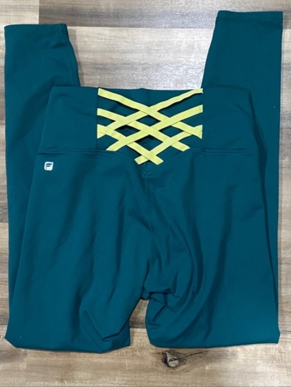 Fabletics Powerhold Teal Leggings with Yellow Detailing